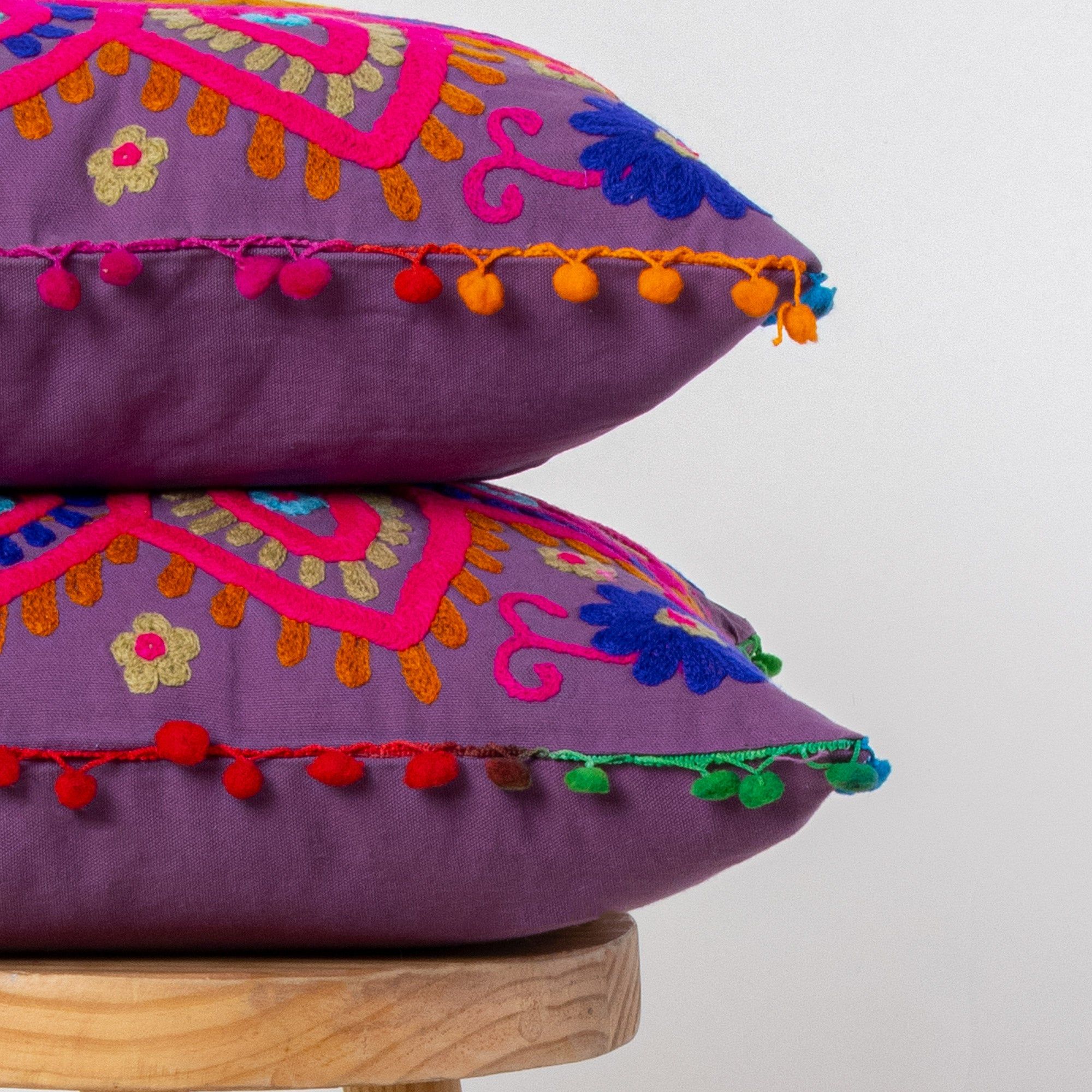 Pom Pom Embroidered Cotton Cushion Cover